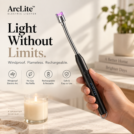 A hand holds an ArcLite electric lighter with a flexible metal neck and a glowing purple arc tip on a light-filled tabletop. The image includes marketing text and icons highlighting windproof, flameless, rechargeable, and safe features.