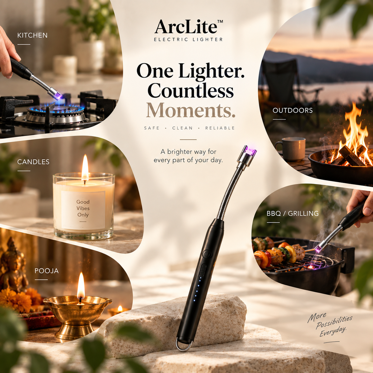 ArcLite electric lighter shown in a promotional collage with multiple lifestyle usage scenes: lighting a stove top, candles, a fireplace outdoors, and a grill. The main product is a sleek black handheld electric lighter with a purple glow and blue LED accents, centered over a stone surface with the ArcLite branding and tagline 'One Lighter.