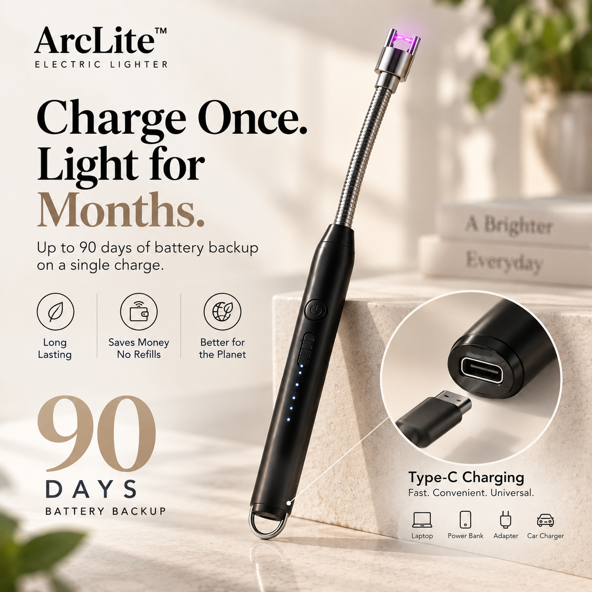 ArcLite electric lighter shown on a styled beige surface with promotional text, a circular inset showing the Type-C charging port, and product feature icons. The lighter is black with a silver metal neck and a small purple accent at the tip.