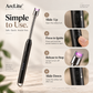 ArcLite electric lighter shown on a light beige background with step-by-step usage instructions in circular callouts. The lighter is black with a metallic silver arc tube and a small purple glow at the tip.