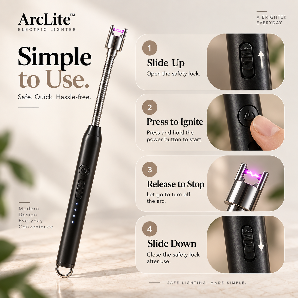 ArcLite electric lighter shown on a light beige background with step-by-step usage instructions in circular callouts. The lighter is black with a metallic silver arc tube and a small purple glow at the tip.