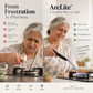 A promotional split-panel graphic for ArcLite, showing an elderly woman lighting a gas stove in two scenarios: one frustrated and blown out, and one successful with the ArcLite lighter. The left panel has a beige background with text highlighting frustrations, and the right panel has a white background with green checkmarks showing benefits of the ArcLite lighter.
