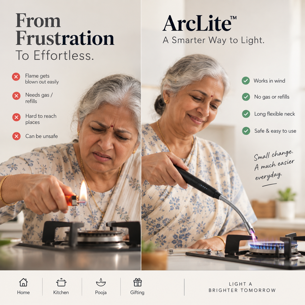 A promotional split-panel graphic for ArcLite, showing an elderly woman lighting a gas stove in two scenarios: one frustrated and blown out, and one successful with the ArcLite lighter. The left panel has a beige background with text highlighting frustrations, and the right panel has a white background with green checkmarks showing benefits of the ArcLite lighter.